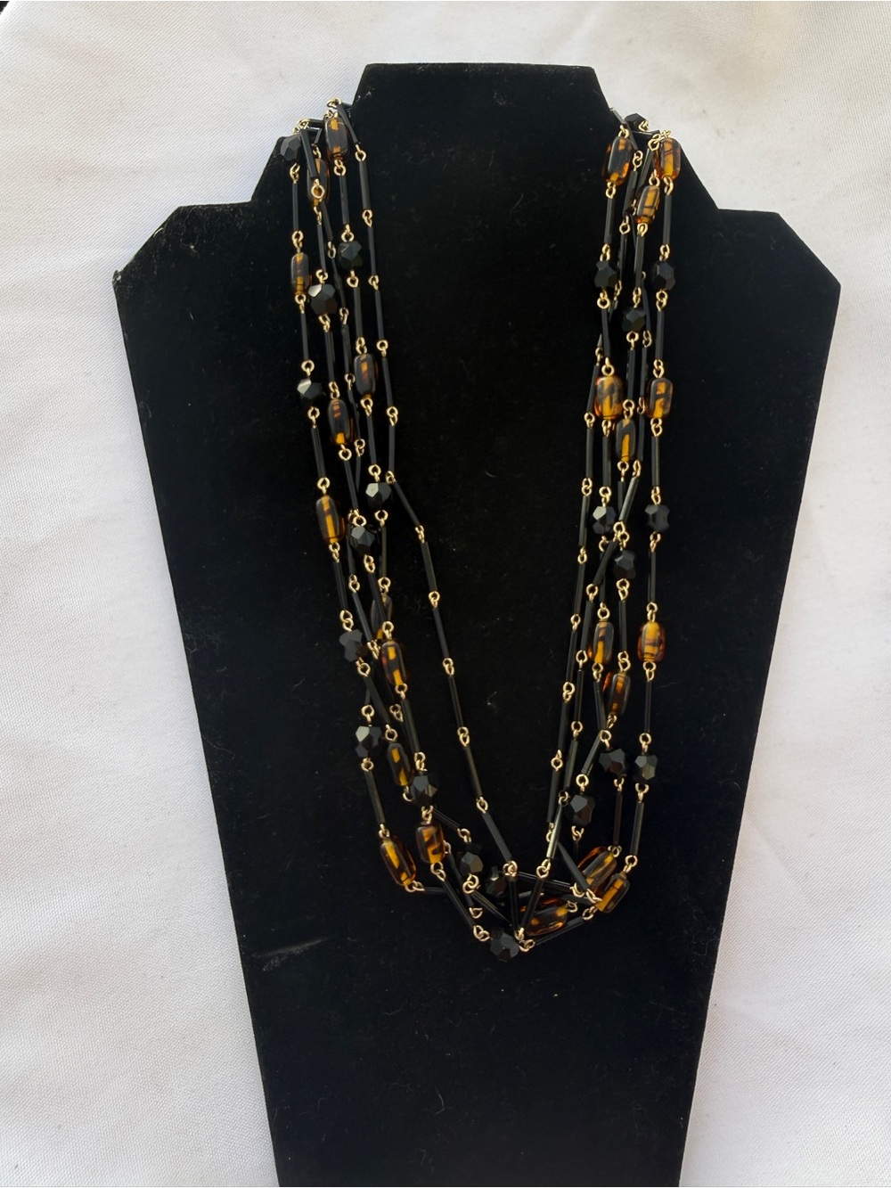Vintage Black and Amber Multi-Strand Beaded Necklace - Women Jewelry